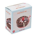 The image shows a toy box for "Le Toy Van Chocolate Gateau" by LE TOY VAN. The box features a picture of the birthday cake toy with eight slices, each decorated with a cherry on top. It also includes a cutting utensil and mentions it's suitable for children aged 3 and above.