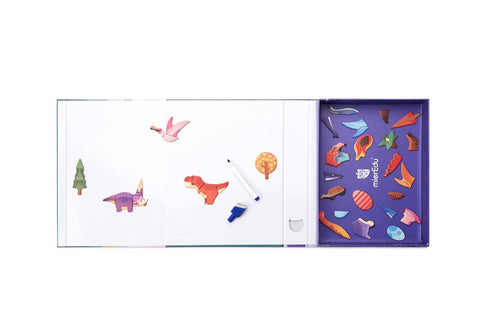 Dinosaur magnets arranged on the wipe-clean board with the mierEdu case