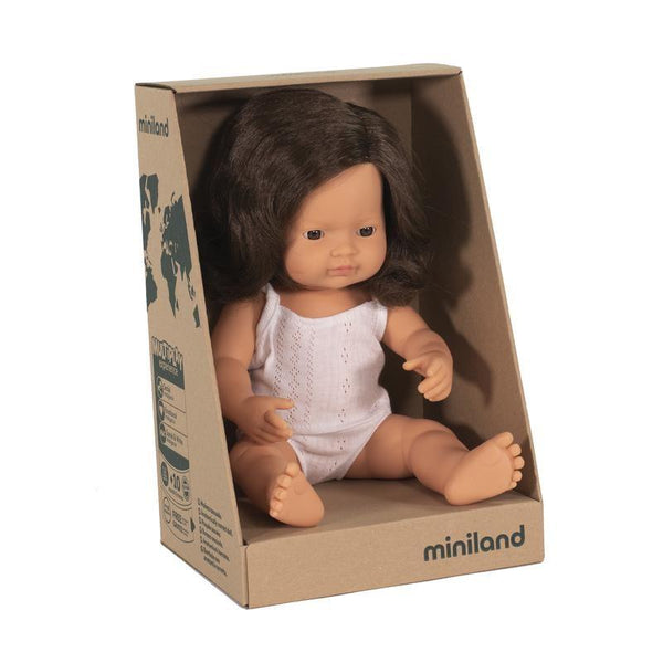 Miniland Caucasian Girl Baby Doll 38cm brunette with underwear