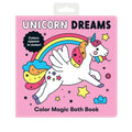A pink children's bath book titled "Mudpuppy Magic Bath Book - Unicorn" by Mud Puppy showcases a vibrant illustration of a flying unicorn with a rainbow mane and tail. The background features stars, a rainbow, and clouds. The text reads, "Colors appear in water! Enjoy bathtime entertainment with Color Magic Bath Book.