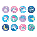 The Mudpuppy Mini Memory Match Game - Unicorn by Mud Puppy features a charming grid of 12 round illustrations with whimsical designs. The images include various unicorns, rainbows, a moon, stars, a Pegasus, a swan, and a butterfly set against colorful backgrounds in shades of pink, blue, and green. This game is perfect for honing matching skills.
