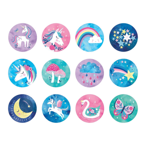 The Mudpuppy Mini Memory Match Game - Unicorn by Mud Puppy features a charming grid of 12 round illustrations with whimsical designs. The images include various unicorns, rainbows, a moon, stars, a Pegasus, a swan, and a butterfly set against colorful backgrounds in shades of pink, blue, and green. This game is perfect for honing matching skills.