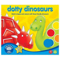 A vibrant box for *Orchard Toys Dotty Dinosaur* by Orchard Toys, showcasing two delightful dinosaurs: a red one adorned with white spots and a green one with a long neck. This engaging game, abundant in shapes and colors, is ideal for children aged 3-6 and accommodates 2-4 players.