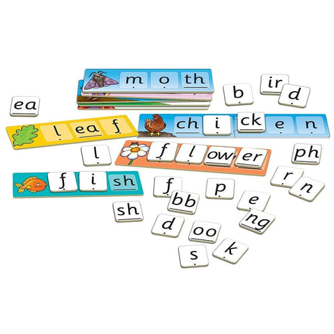 The Orchard Toys Match and Spell Next Steps educational spelling tiles, part of the Orchard Toys brand, feature various letters arranged to spell words such as "leaf," "moth," "chicken," "fish," "flower," and "bird." These colorful tiles come with corresponding images designed to effectively enhance language and literacy skills.