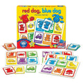 Orchard Toys Red Dog, Blue Dog is a vibrant children's board game by Orchard Toys, specifically designed for very young players. It includes various cards featuring animals and objects in different colors such as a yellow spider, blue dog, green teddy, and purple car. The game pieces are scattered around the main box.