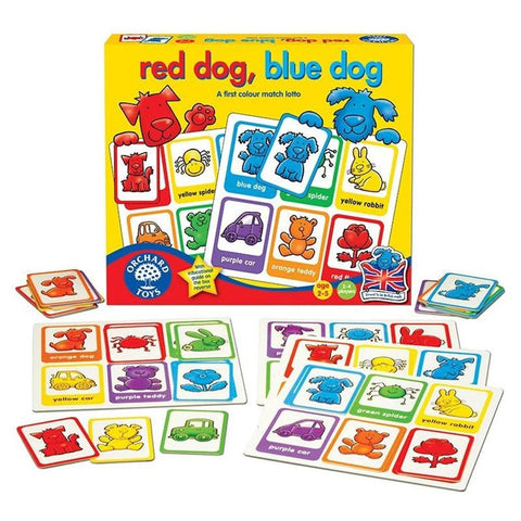 Orchard Toys Red Dog, Blue Dog is a vibrant children's board game by Orchard Toys, specifically designed for very young players. It includes various cards featuring animals and objects in different colors such as a yellow spider, blue dog, green teddy, and purple car. The game pieces are scattered around the main box.