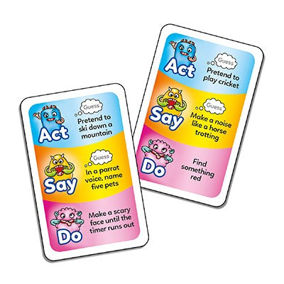The Orchard Toys What a Performance Game by Orchard Toys features two vibrant activity cards perfect for a family board game. Each card is divided into three sections - Act, Say, Do - with activities like "Pretend to ski down a mountain" and "Name five pets in a parrot voice." Each section includes a cartoon monster illustration, guaranteeing fun for everyone!