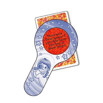 A game card from the Orchard Toys What a Performance Game is partially concealed by a large magnifying glass illustration. The card's text reads, "Move back three spaces if your first name has four or fewer letters." The magnifying glass handle features a drawing of a girl with a ponytail, making it perfect for family board game nights by Orchard Toys.