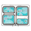 A customizable metal lunchbox with five sections is shown. Each compartment is adorned with blue covers featuring internet slang and emoticons like "BRB," "OMG," ":)," and "<3". Branded "CAMELBAK" and called the "Planetbox Launch Magnet," this lunchbox also offers accessories like lunchbox magnets for personal flair.