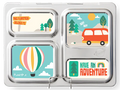 The Planetbox Launch Magnet by CAMELBAK is a customizable stainless steel lunchbox with four compartments, each featuring colorful drawings. The top left displays "This PlanetBox belongs to" text with trees, the top right showcases a red car near mountains, the bottom left presents a hot air balloon, and the bottom right has "Have an Adventure" text.