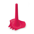 The QUUT Triplet Beach & Bath Toy in Cherry Red from QUUT features a red silicone design with a tapered handle on one end. This innovative tool boasts a flat, palm-like base with holes and five rounded tips resembling fingers, making it multifunctional for whisking or sifting. Its unique design also doubles as an imaginative sand tool for beach fun.