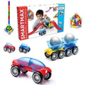 A set of SmartMax Basic Stunt Cars (46 pcs) by SmartMax is displayed on a white background. The set includes colorful magnetic cars, geometric shapes, and a box showing a child playing with the toys. Designed for kids to connect and build various structures and vehicles using powerful magnets.