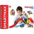 Box displaying a child engaged with the SmartMax Basic Stunt Cars (46 pcs) magnetic discovery toy set by SmartMax, ideal for children aged 3 and up. The child guides a toy car down a red ramp. The package contains 46 pieces for constructing diverse magnetic structures, complete with an included instruction guide.