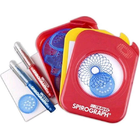 The image showcases the Spirograph Original Travel Set by Spirograph, a classic design toy. It features a red carrying case with precision wheels, blue and red pens, paper, and completed spiral designs. The case includes slots to securely hold the components, making it perfect for on-the-go creative drawing activities.