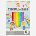 A vibrant box of six TIGER TRIBE kid-safe window markers. The Tiger Tribe Window Markers, in assorted vivid colors, are arranged vertically. The packaging showcases playful illustrations of children, rainbows, a rocket, and charming doodles. A warning label indicates they are not suitable for children under 3 years old.