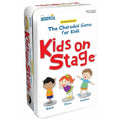The image showcases the packaging of "U.Games Kids On Stage Tin," a family game by University Games designed to boost communication skills. The box is adorned with cartoon characters acting out actions such as "Rabbit," "Phone," and "Airplane." Suitable for ages 3 and up, it accommodates 1 to 4 players.